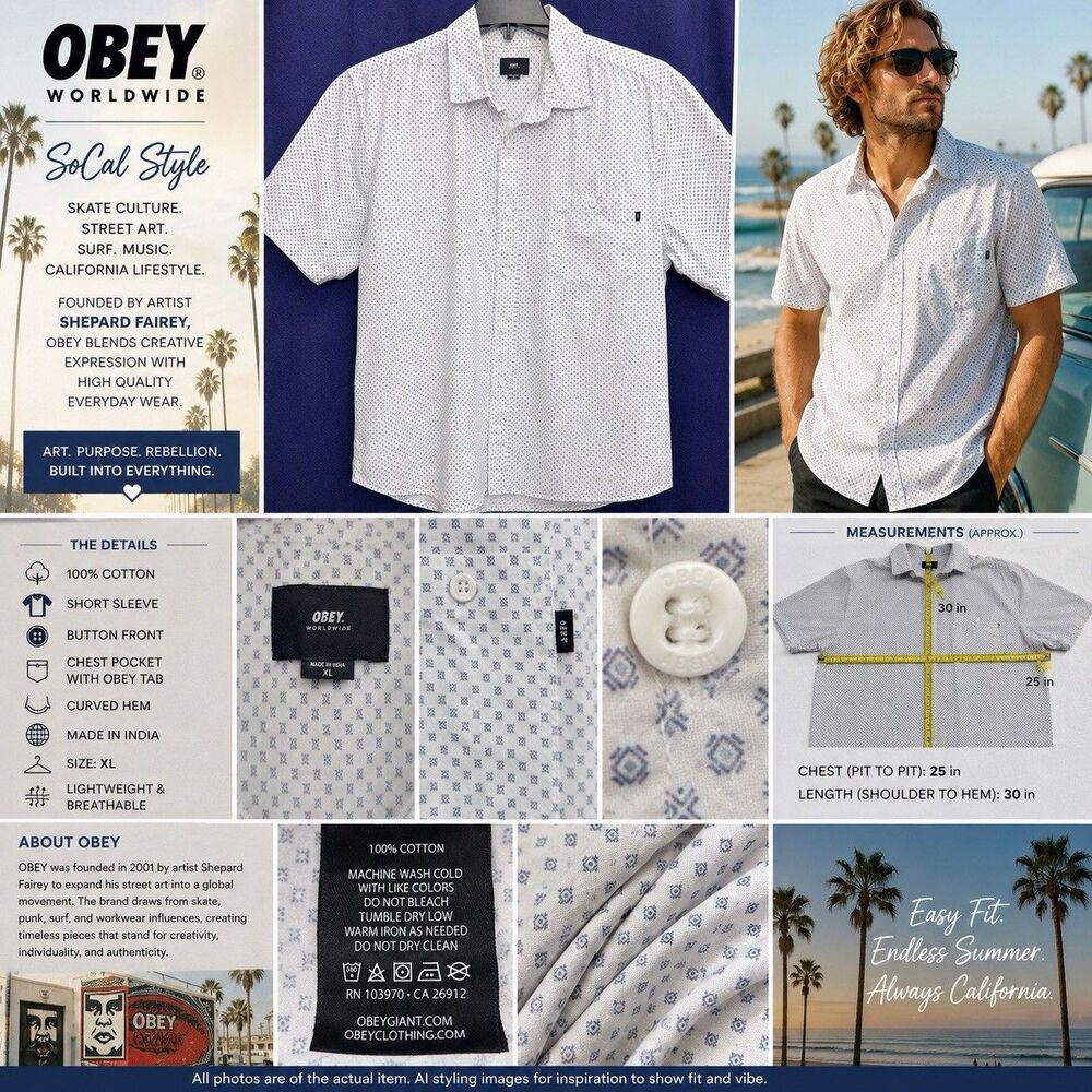OBEY Worldwide XL Cotton Button Shirt Coastal Grandpa Resort Skate Casual